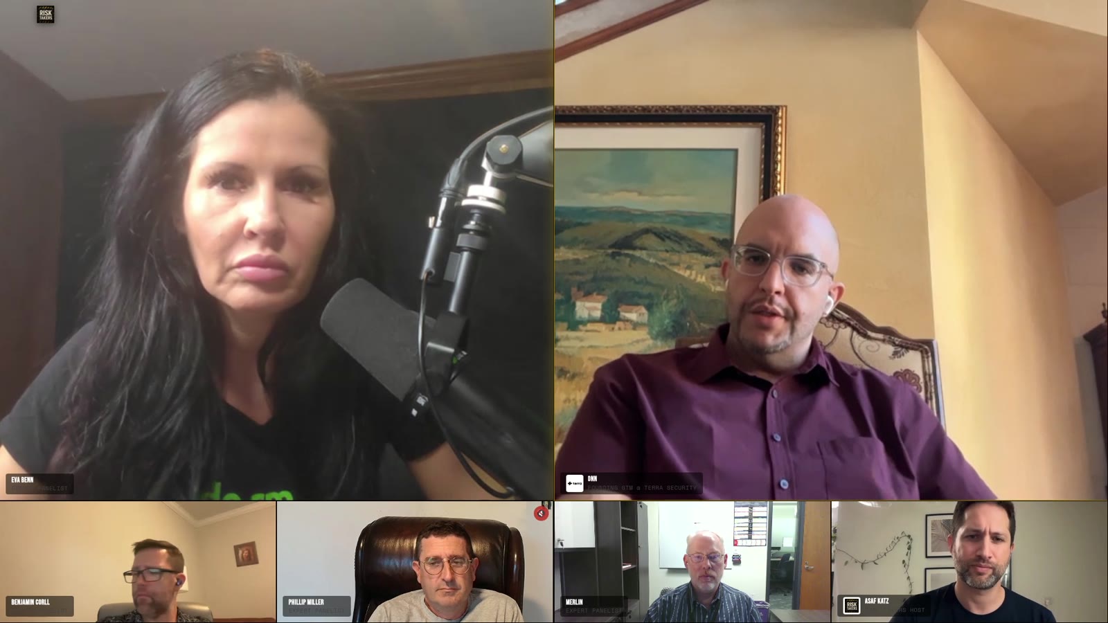 Eva Benn and Onn Rubin in discussion, with Benjamin Corll, Phillip Miller, Merlin Namuth and host Asaf Katz below.